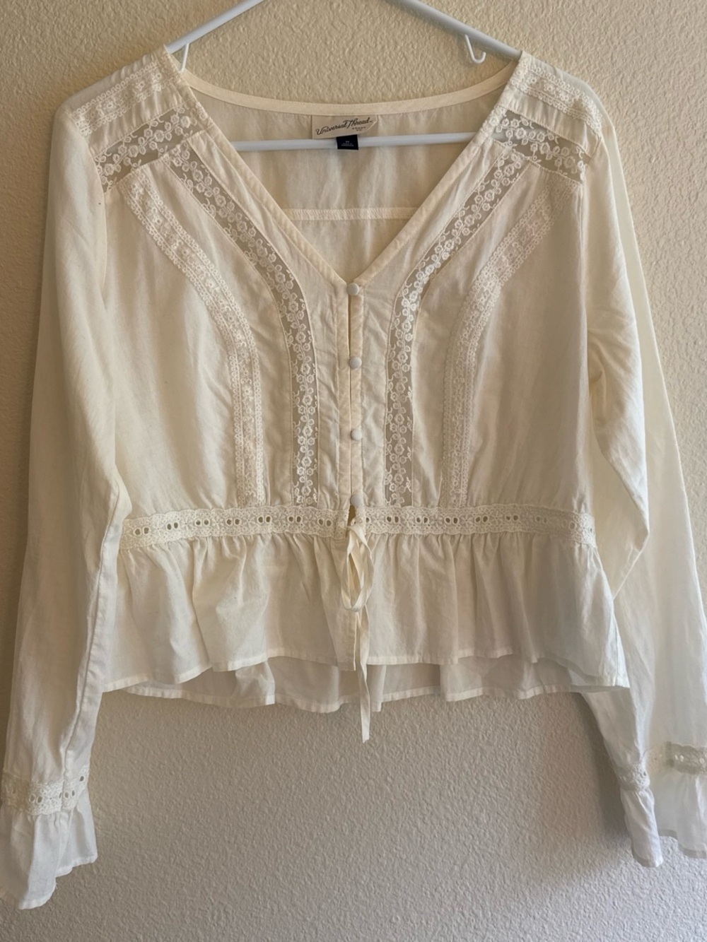 Universal Thread Cream Lace-Trim Peplum Top with V-Neck